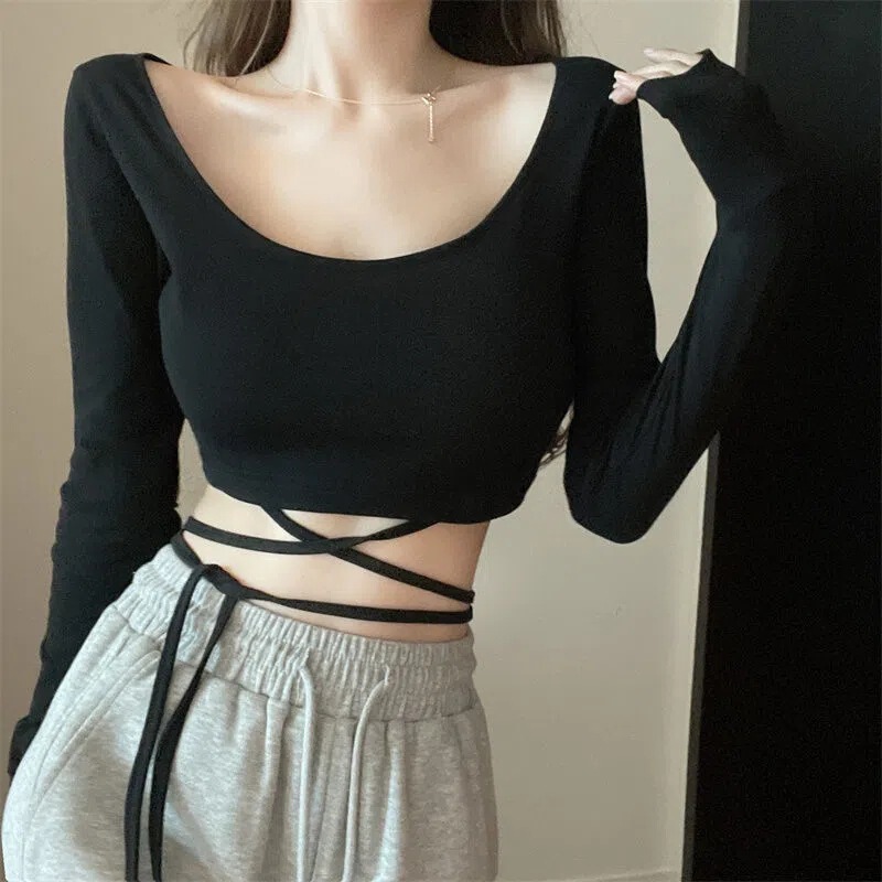 Spring and Autumn European and American style design short sexy hot girl bottoming top waist lace-up tight long sleeve T-shirt for women