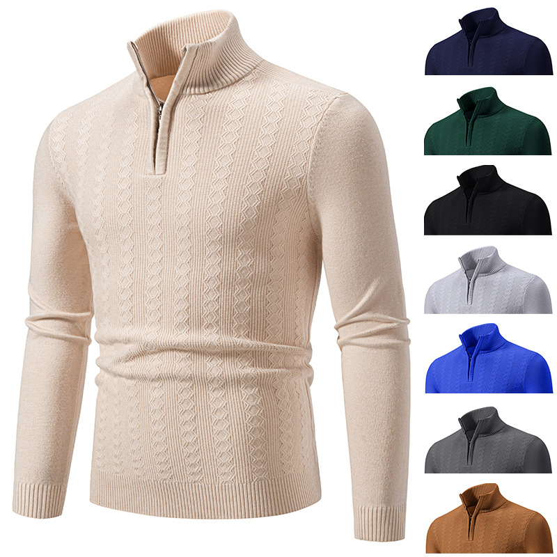 Men's Clothing Men's Semi-Turtleneck Zip-Up Knit Sweater Long Sleeve Pullover Casual Slim Fit Thermal Top For Spring Autumn (Multiple Colors)_viptrois.com