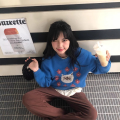 chic高级感蓝色印花针织衫毛衣女早秋季设计感小众显瘦宽松上衣服