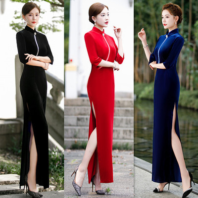 Pure color red royal blue black velvet chinese dresses cheongsam with long sleeves qipao dress vogue of new fund  winter improved young lady 