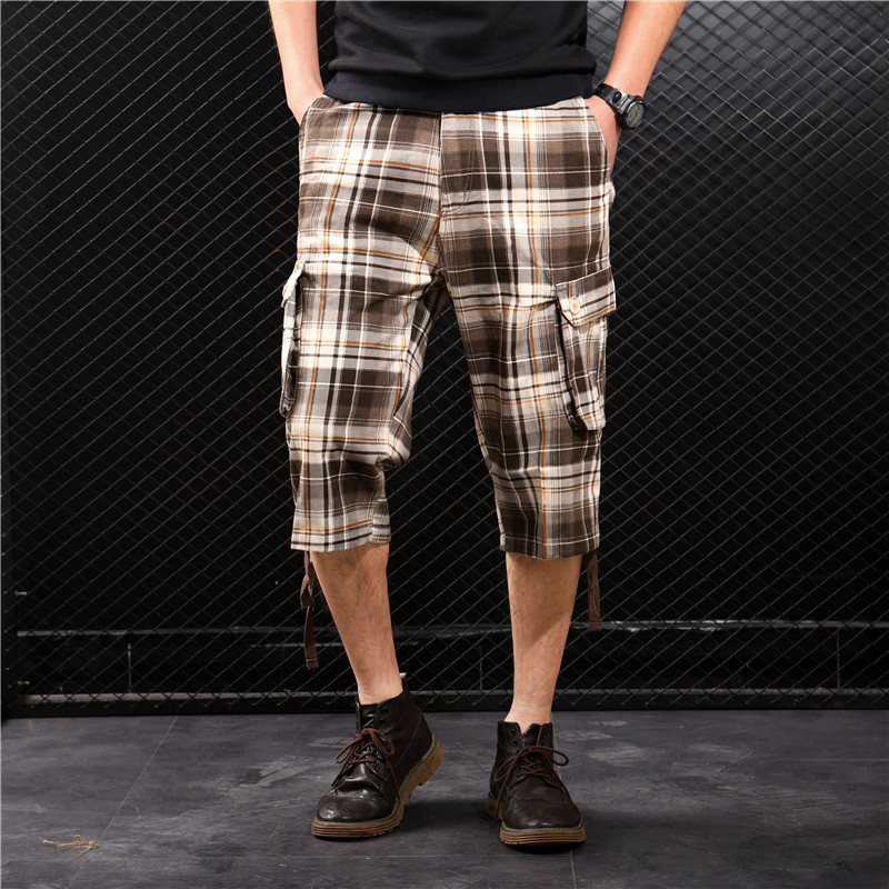 Primavera y verano Comercio exterior Plaid shorts pantalones de playa de los hombres multi-Bolsillo 7-punto pantalones sueltos más tamaño ropa de trabajo medio pantalones al por mayor