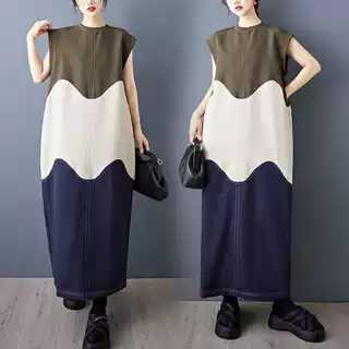 实拍小众设计感法式复古不规则拼接撞色休闲无袖茧型卫衣连衣裙