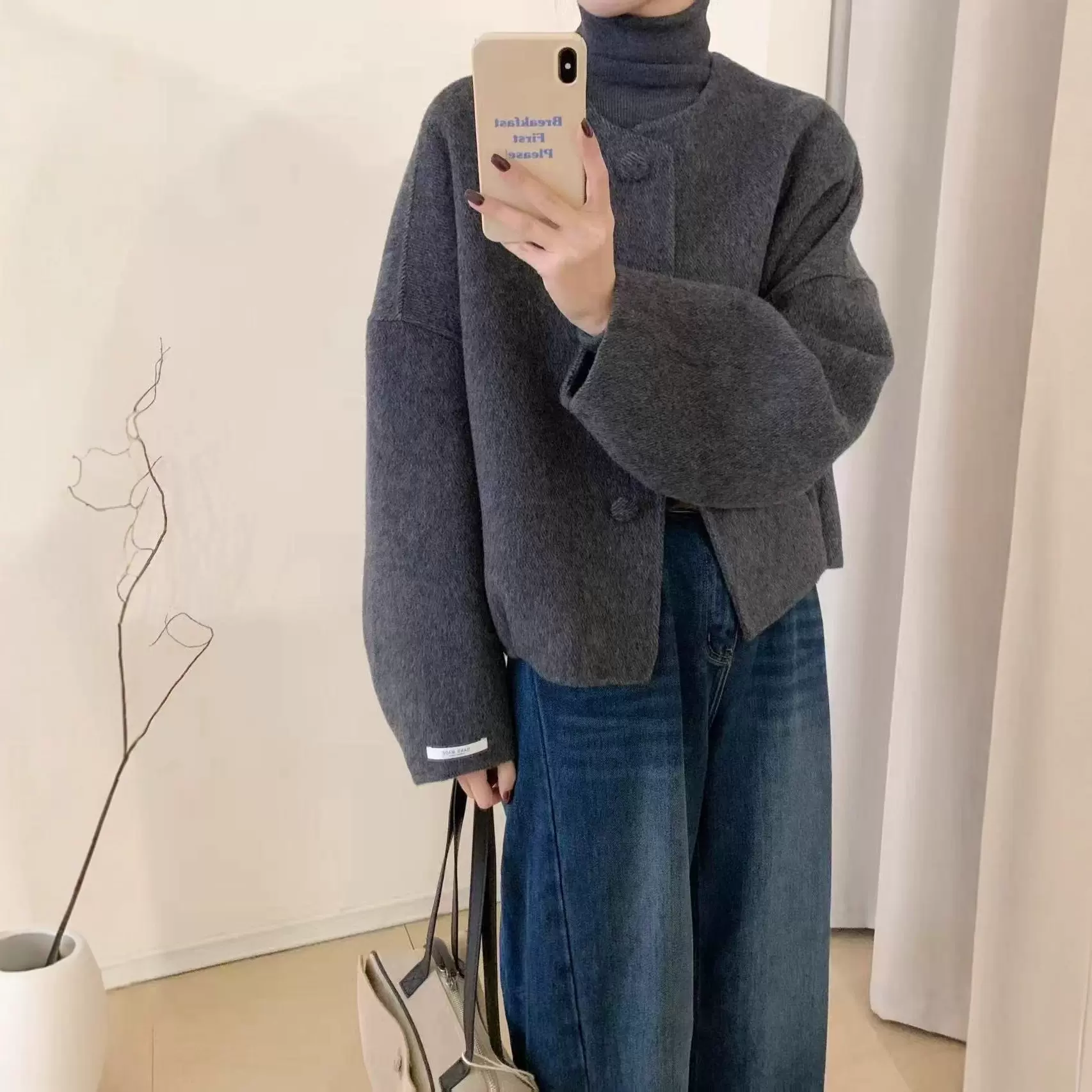 双面羊毛大衣女短款小个子韩版宽松圆领设羊毛外套高级感1026-166