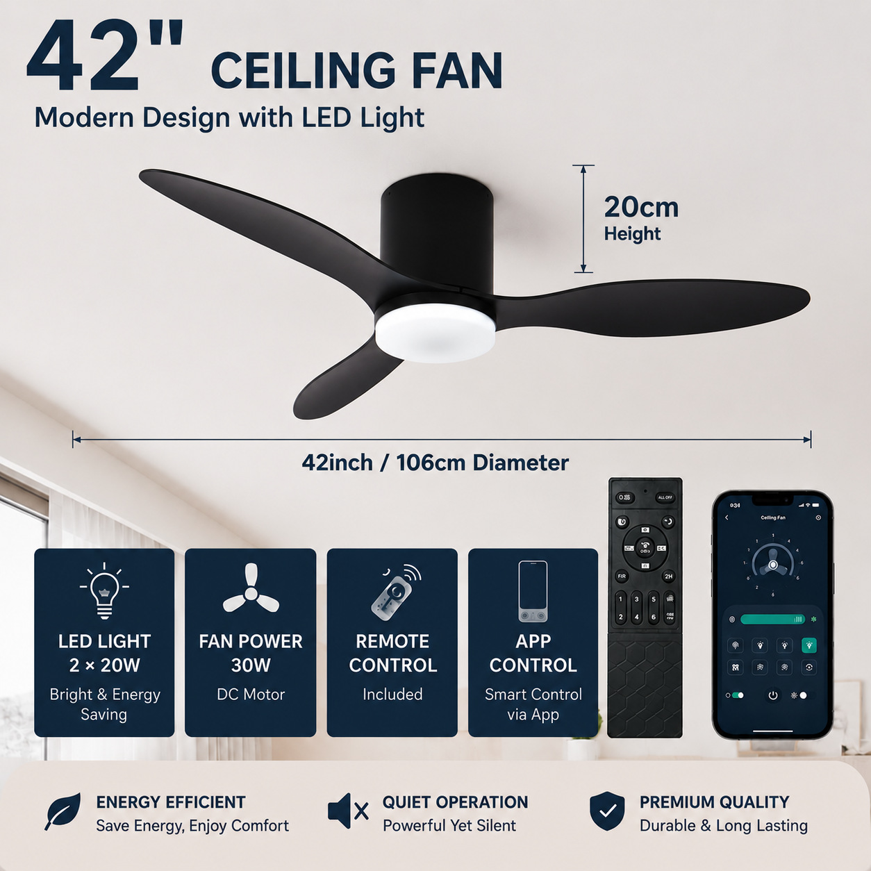 Lámpara Ventilador de Techo Inverter de Plástico ABS Silencioso con Control Remoto para Sala de Estar y Dormitorio