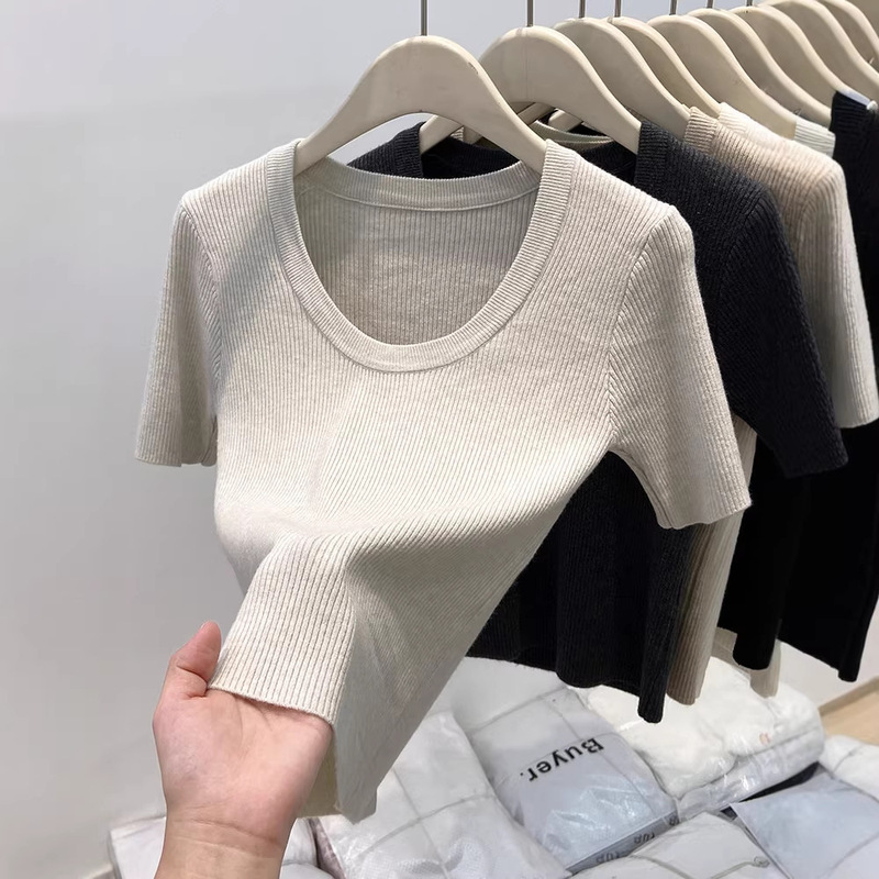 Thin Short-Sleeved U-Neck Knitwear for Women 2026 New Summer Round-Neck Simple Slim-Fitting Black Inner Top Thin Short-Sleeved U-Neck Knitwear for Women 2026 New Summer Round-Neck Simple Slim-Fitting Black Inner Top