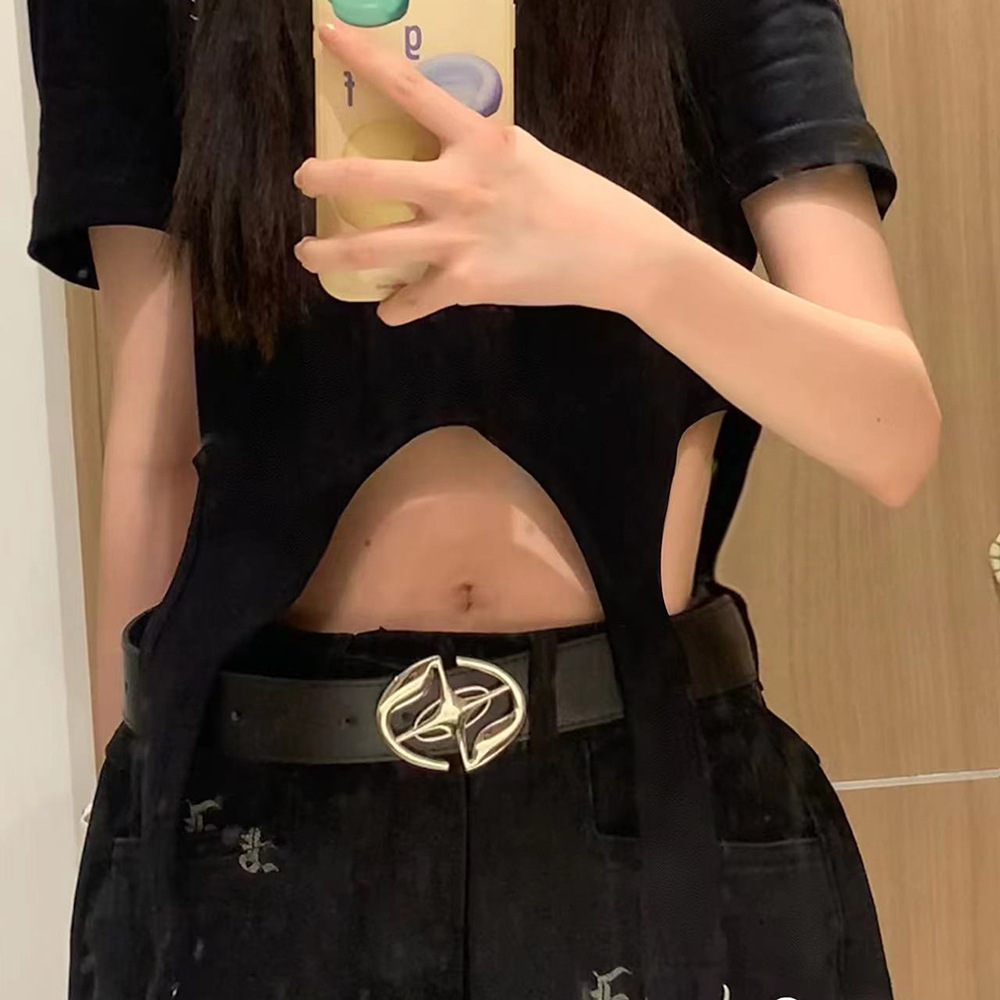 2023 New Ins Style Men's and Women's Retro Fashion Versatile Pure Black Belt Logo Metal Button Head Belt_voghion.com