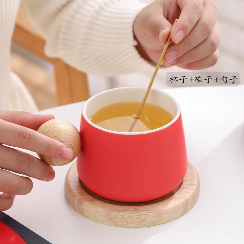 Taza de café de moda, regalo de mano, taza de cerámica, taza de roble, mango de taza con plato, cuchara, caja de regalo, bolsas, LOGO grabado