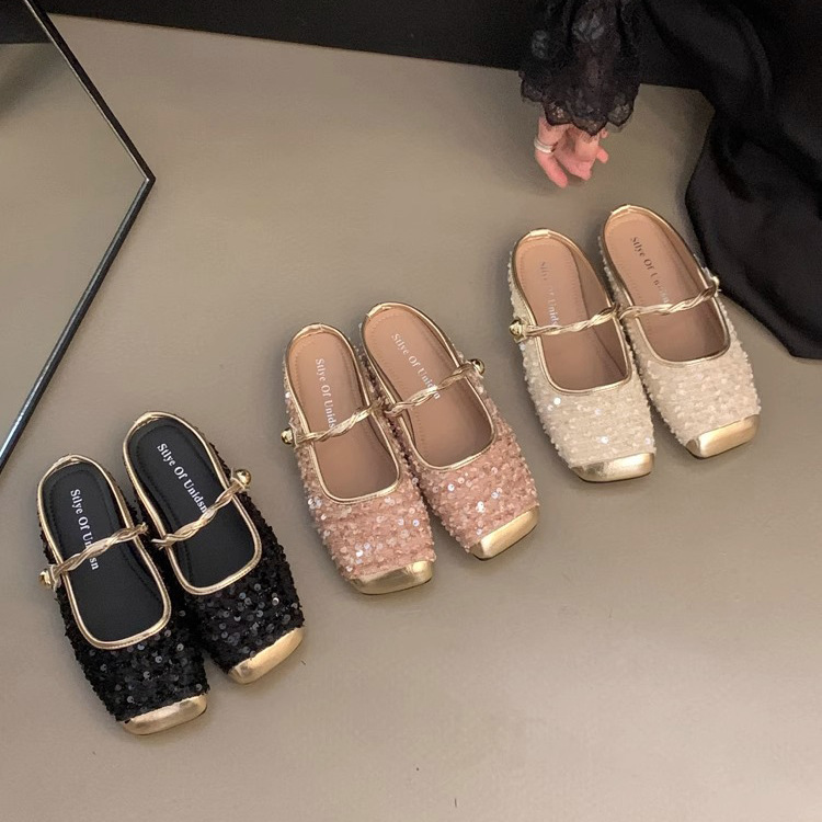 Spring and Autumn 2024 New French Sequin Baotou Half Slippers with Chanel Style Elegant Mary Jane Flat Shoes for Women