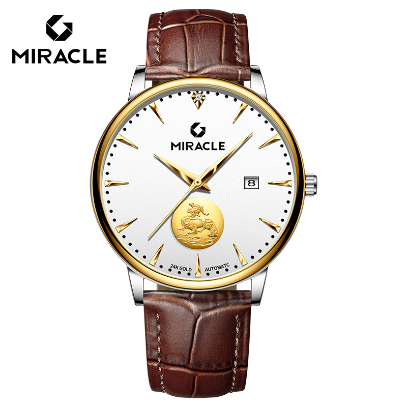 Đồng hồ nam Geney automatic lộ máy, mặt vàng 24K, dây da, chống nước — Da Cà Phê Mặt Trắng vàng