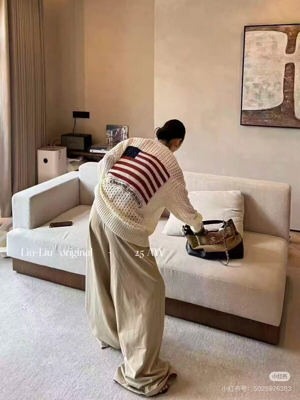 高版本~克罗国旗毛衣2025早秋新款印花宽松薄款镂空长袖针织衫女|undefined