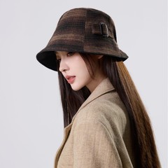 日系秋冬季文艺格纹女渔夫帽韩版时尚皮带扣装饰帽英伦复古画家帽