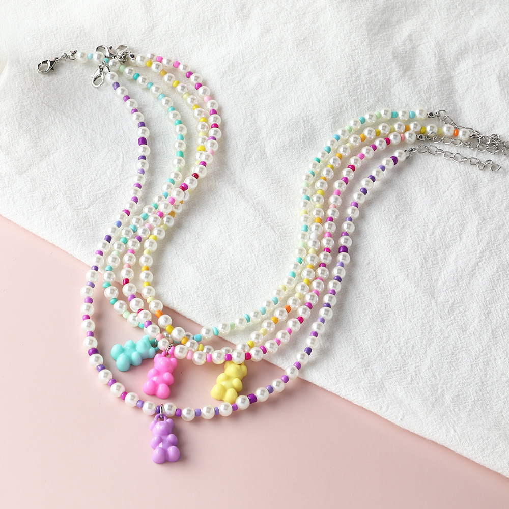new macaron color jelly bear necklace personality trendy color rice bead pearl stitching clavicle ch