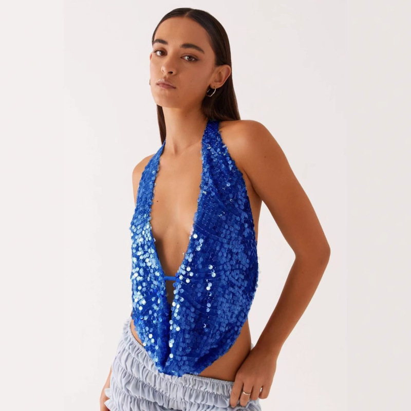 2025 European and American Foreign Trade Cross-border Women's Sexy Backless Sequin Vest Sling V-neck Sequin Slim-fit Spice Top