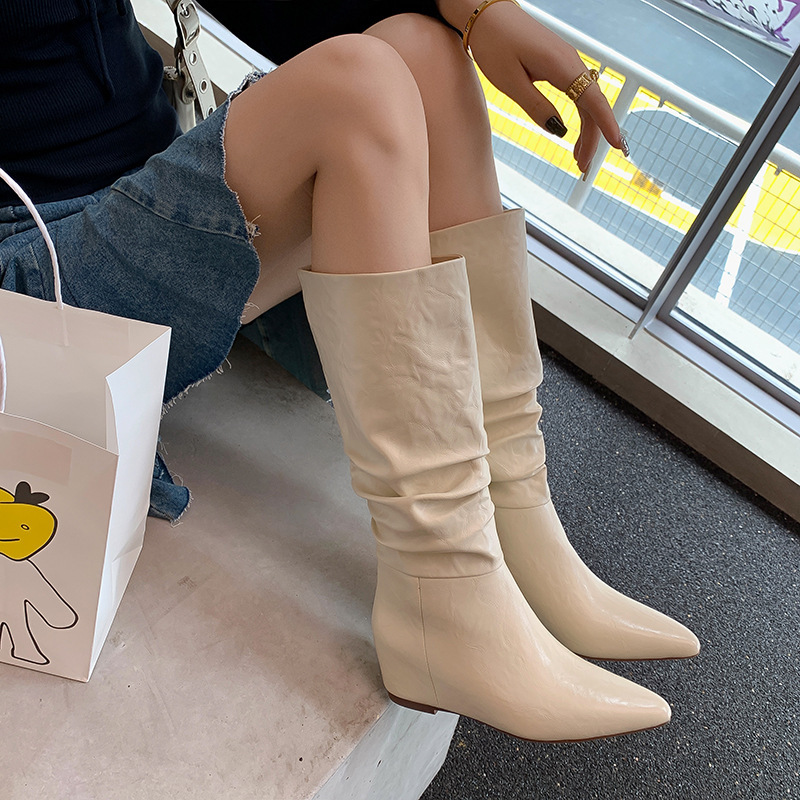 French-Style Pointed Toe Wedge Boots for Petite Women, Height-Increasing Loose Slouchy Mid-Calf Boots, Knee-High Riding Boots for Women