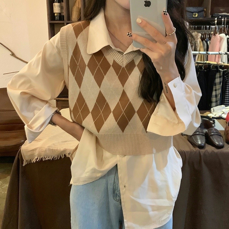 Loose pullover Rhombus chaleco desgaste exterior de las mujeres primavera y otoño 2023 nuevo retro apilados punto Chaleco corto
