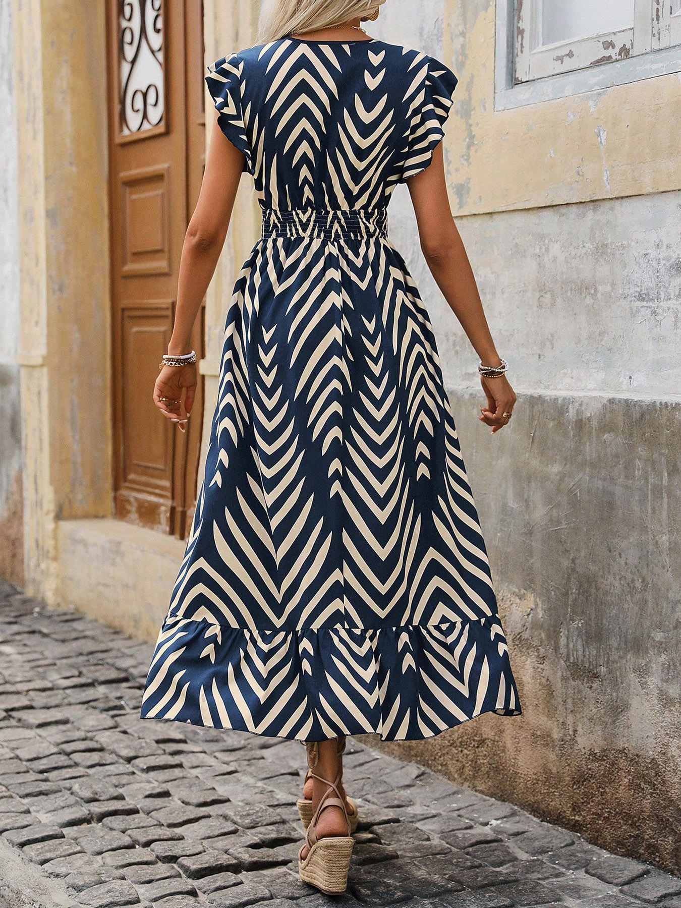 European American Foreign Trade Clothing 2024 Women's Summer Elegant Style Printed Short Sleeve Dress With Tie_ecoleips.com