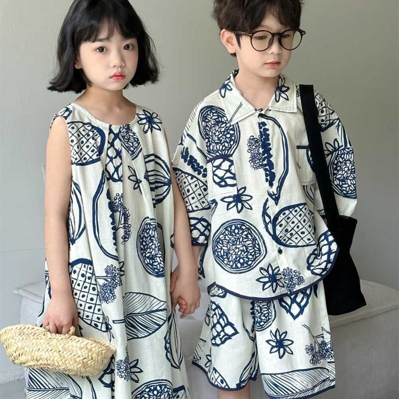 2026 Summer Stylish Children's Sibling Outfits Casual Korean Style Boys' Shirt and Shorts Set Girls' Sleeveless Dress 2026 Summer Stylish Children's Sibling Outfits Casual Korean Style Boys' Shirt and Shorts Set Girls' Sleeveless Dress