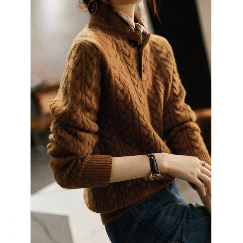 Сплошной свитер вязаный свитер женский длинный рукав пуговица новый винтажный воротник на пуговицах топ