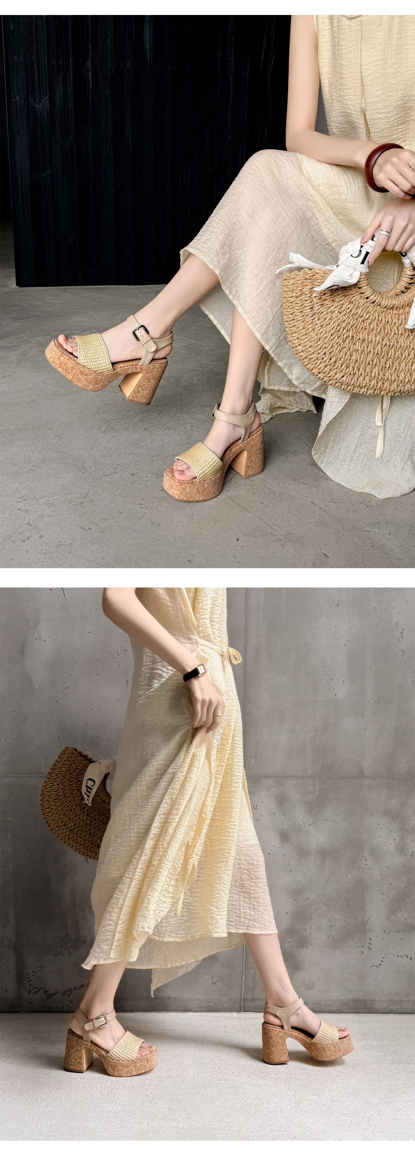 Sandal nữ quai ngang đan dây, đế dày, gót thô cao, hở mũi phong cách nghỉ dưỡng — màu trắng ngà, màu mơ chi tiết 10