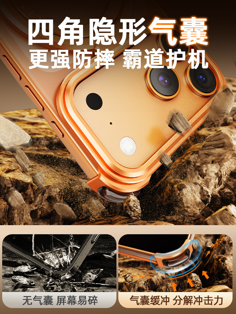 Ốp lưng iPhone 17 Pro Max / 16 Pro / 15 viền kim loại không viền, tích hợp chân đế xoay, nam châm MagSafe — Đen, Nguyên bản, Cam, Xanh đậm chi tiết 4
