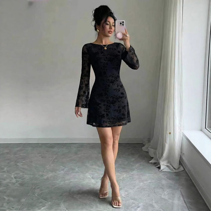 European and American Cross-Border Fashion 2025 Spring/Summer New Long-Sleeve Dress with Mesh, Floral Flocking, and Hollow-Out Design, Elegant and Slim-Fitting