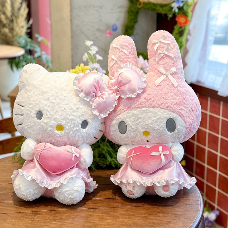New KT Cat plush toy with heart-shaped ribbon, My Melody pink dress plush toy, KT Cat My Melody bow plush toy