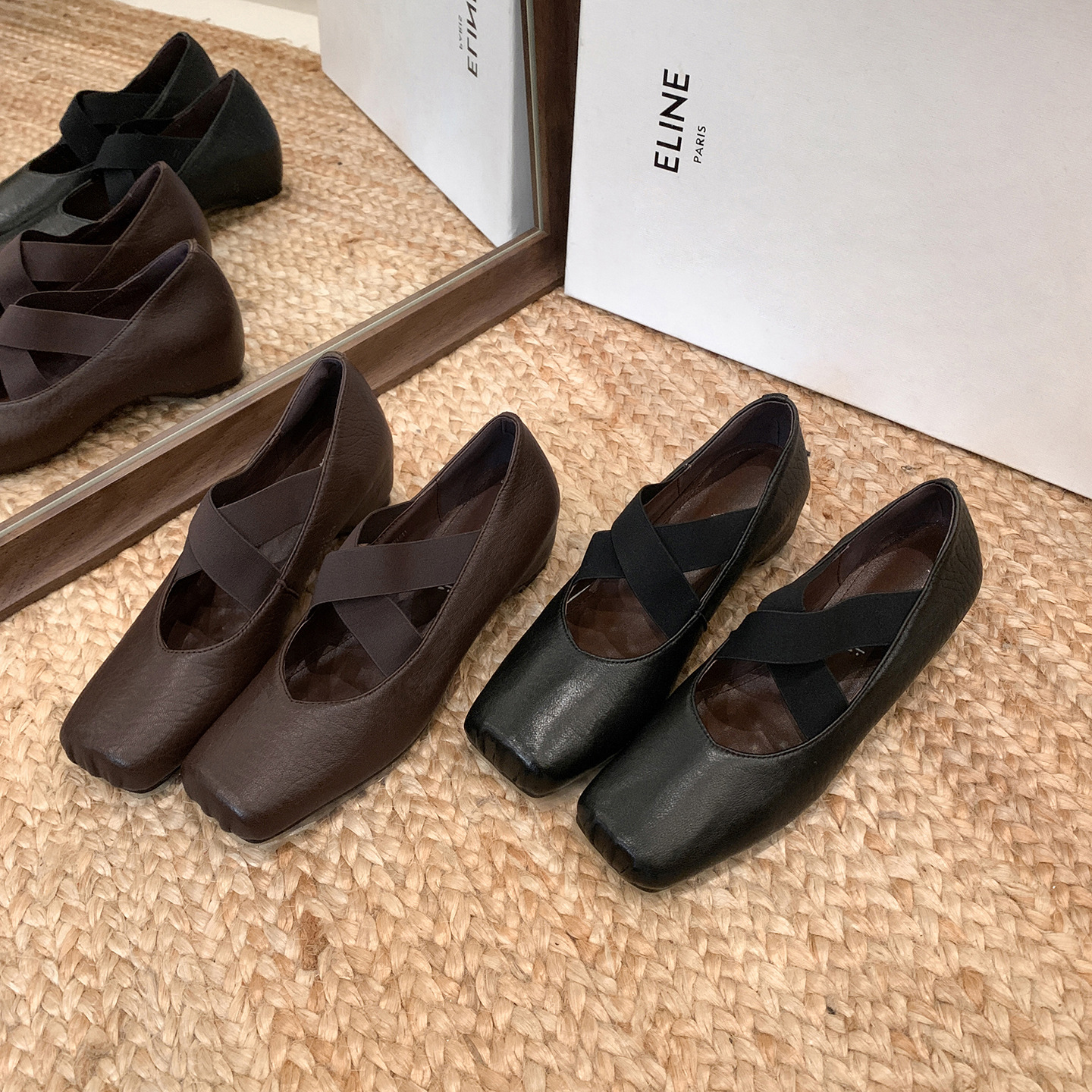 Genuine Leather ~ 6cm Hidden Heel Height Increase, Elephant Print Shallow Mouth Single Shoes, Retro Cross-Strap Cool-Feeling Ballet Shoes, Women's Mary Jane Shoes