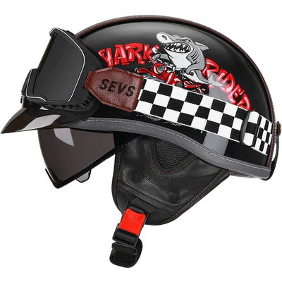 Motosiklet kaskı (dəbilqə) — Helmet Japanese Scoop Helmet - bright-black-shark-bully-tea-mirror-mig-large-frame-goggles-m