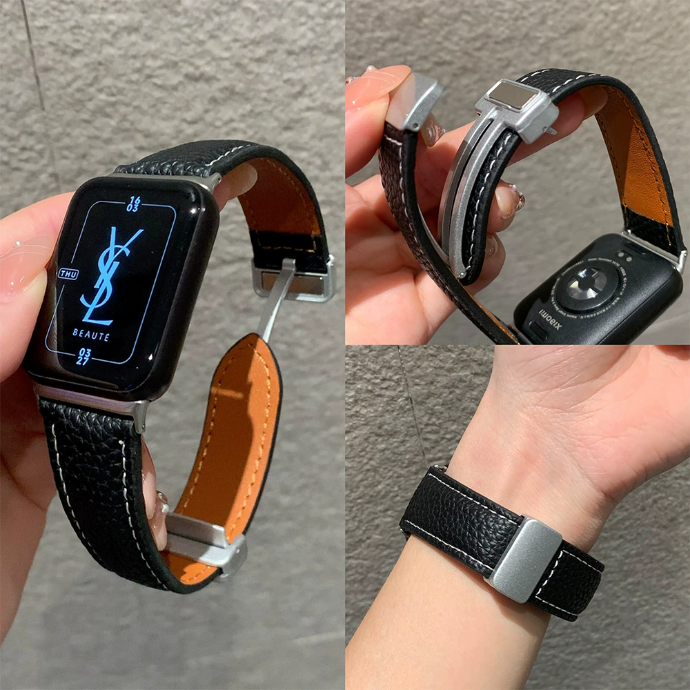 Ремешок для Apple Watch S10, узор личи, магнитное крепление, кожаный ремешок для Xiaomi 8/9 Pro, совместим с Fit3, красный