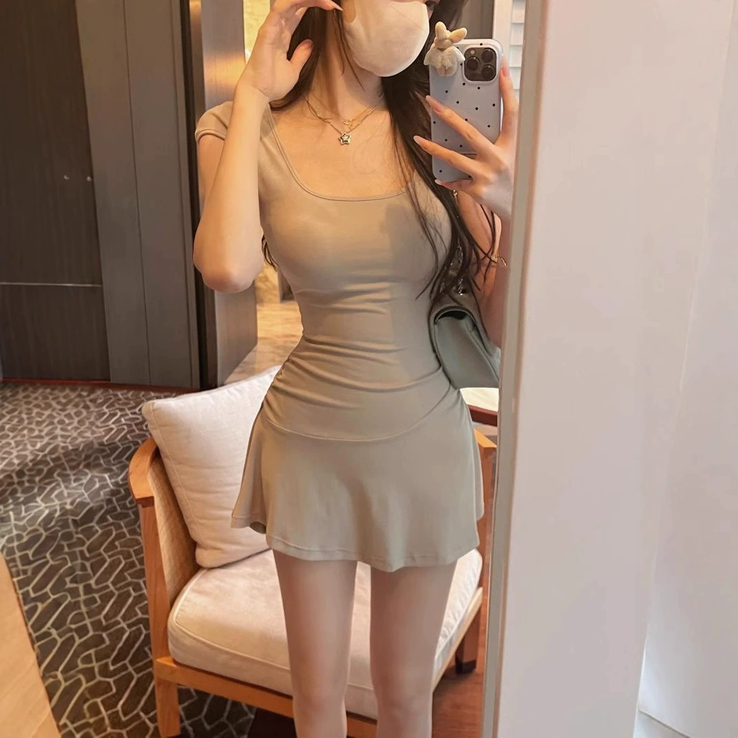 Ins сексуальное сексуальное платье с короткими рукавами и v-образным вырезом, женская летняя высококачественная тонкая юбка, утягивающая талию, юбка трапециевидной формы