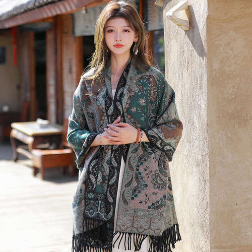 Yunnan Lijiang cashew ethnic style air-conditioned shawl dual-purpose versatile thickened scarf women's large long scarf winter shawl