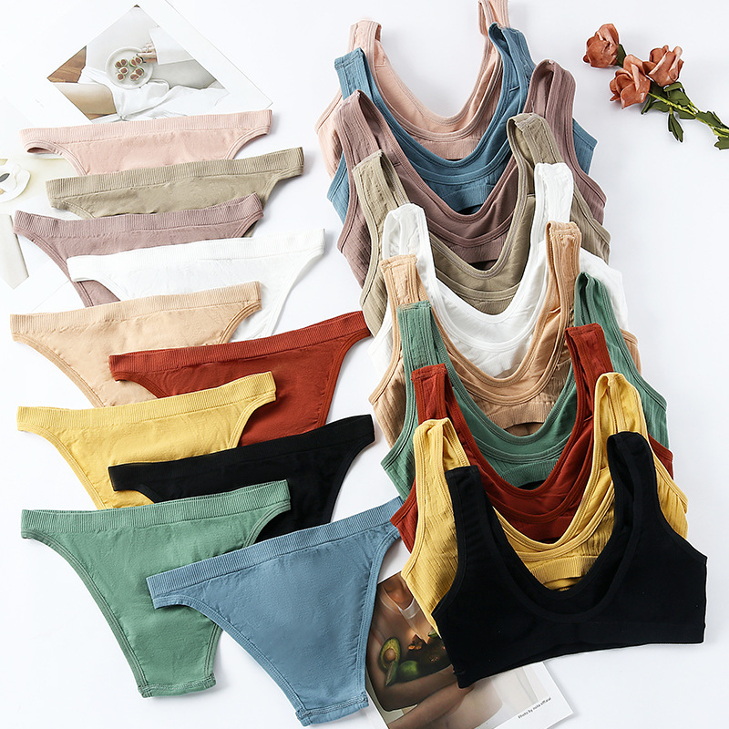 无钢圈文胸防走光性感露背少女内衣女士内裤带垫聚拢运动文胸套装