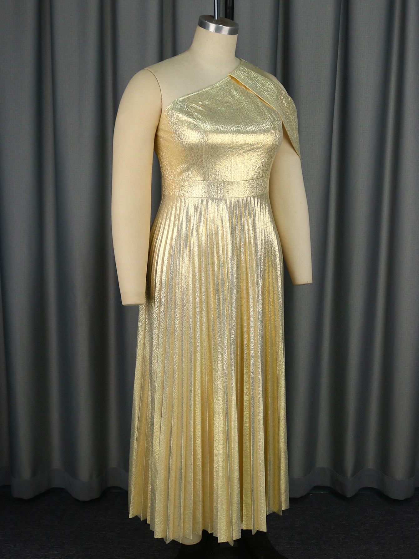 Elegante vestito da donna monospalla con gonna a pieghe da cerimonia_voghion.com