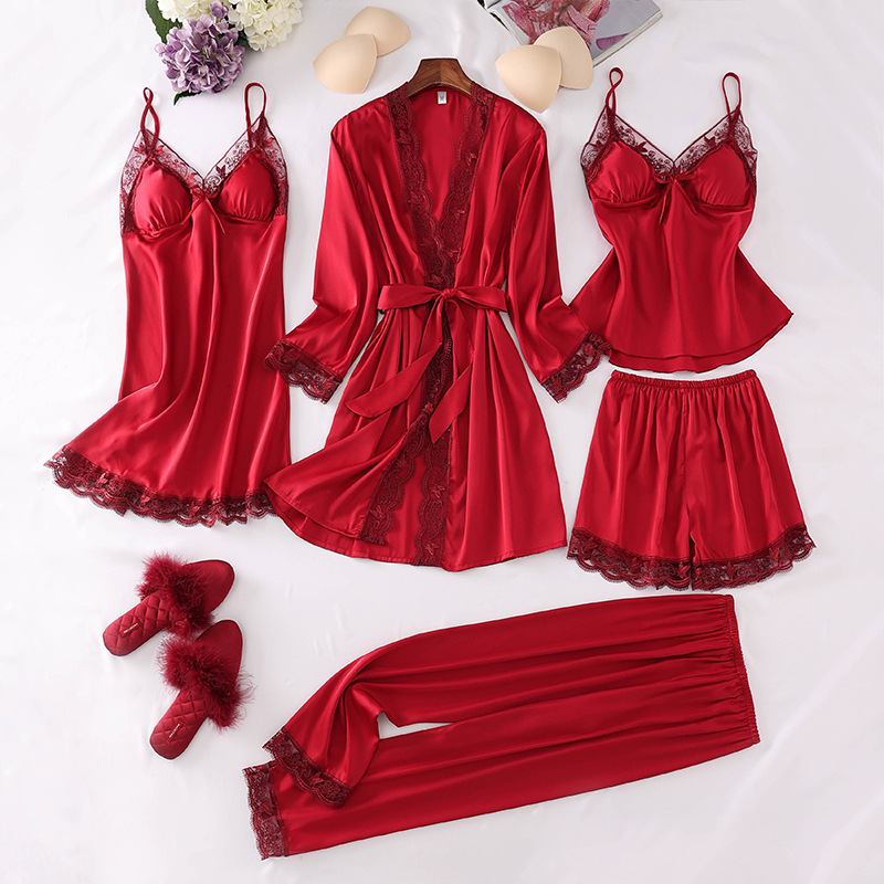 Spring, Autumn and Summer Thin Silk Pajamas for Women, Five-Piece Set, Lace Style, Casual Long-Sleeved Nightgown, Nightdress, Chest Pad Shorts