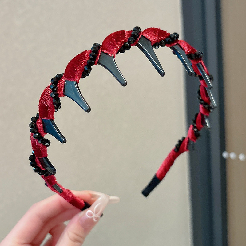 Dulce malla de perlas negras onduladas bandas de cabello para mujeres de alto nivel de sensación de cabello flojo raíz clip de cabello alto cráneo cara pequeña bandas de cabeza