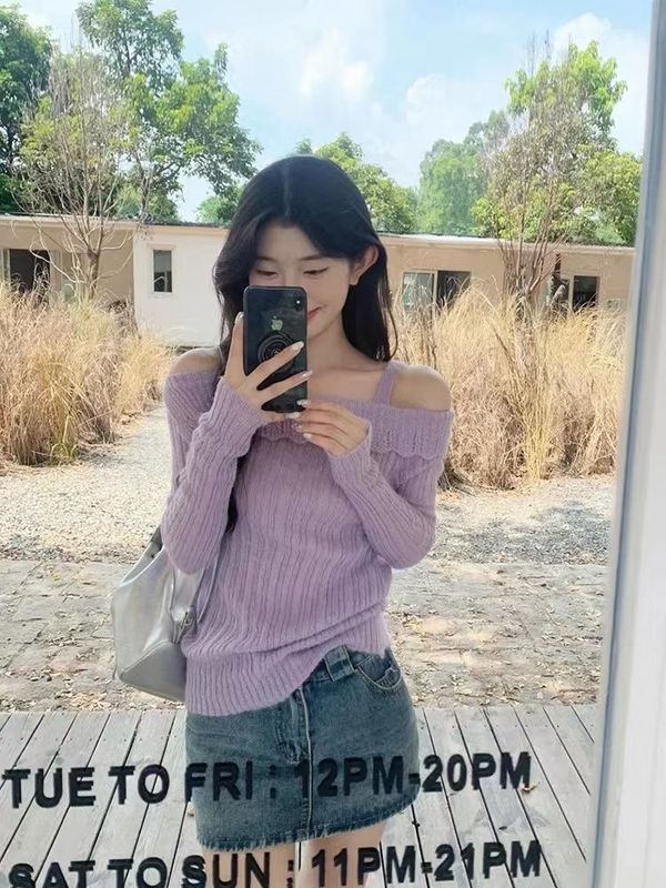 超好看紫色一字肩毛衣纯欲风设计感吊带针织衫上衣女春季2025新款|undefined
