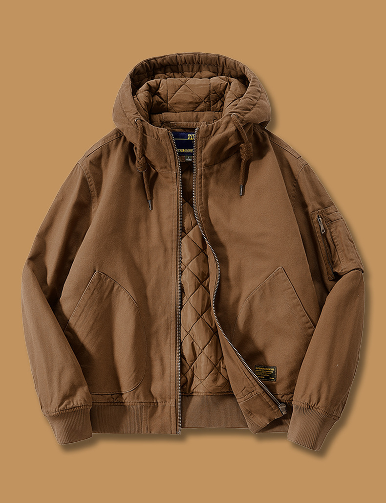 Otoño e invierno chaqueta con capucha de los hombres sueltos más tamaño gruesa chaqueta de vuelo caliente de algodón acolchado abrigo americano Retro Ropa de trabajo de algodón acolchado abrigo
