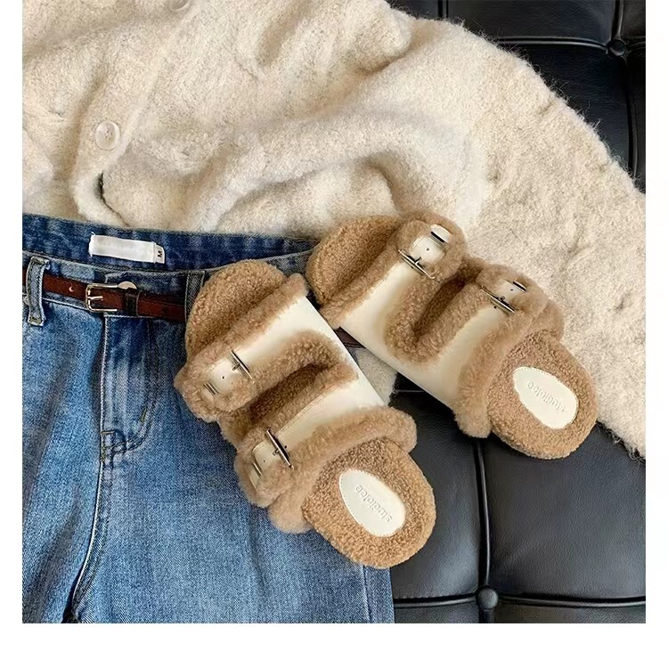 Grape Mom's Same Style Warm Sister~ One-Strap Lamb Wool Fleece-Lined Thick-Soled Furry Slippers for Women to Wear Outside