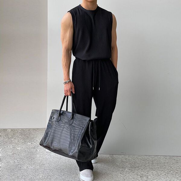 American-Style Ice Silk Vest and Long Pants Sports Suit for Muscular Men, Fitness Training Sleeveless Shirt, Skin-Friendly Breathable Tank Top