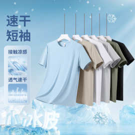 短袖t恤男夏季薄款冰丝速干半袖上衣圆领弹力宽松休闲运动体恤衫