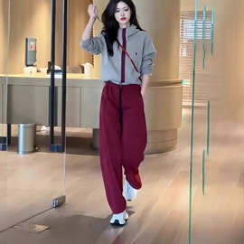 欧货休闲运动套装女2026新款春秋时尚洋气撞色连帽外套两件套显瘦