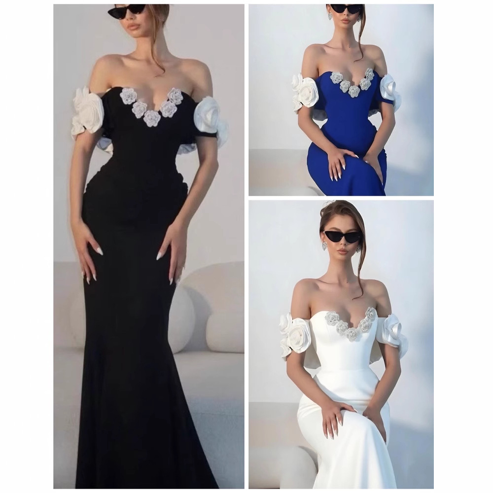 Elegant Fitted Strapless Long Dress Style Floral Embellishments Sleeveless Off-Shoulder Women's Dress_ecoleips.com