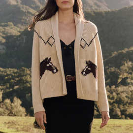 2025跨境欧美秋冬新款时尚复古艺术翻领宽松休闲针织开衫毛衣