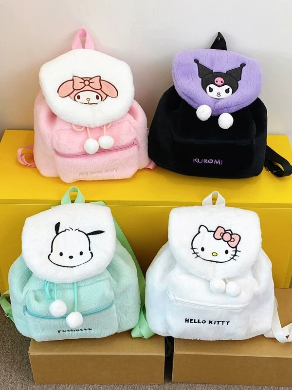 Backpack (Hello Kitty) Plush Drawstring Shoulder Bag, Soft Fluffy and Spacious