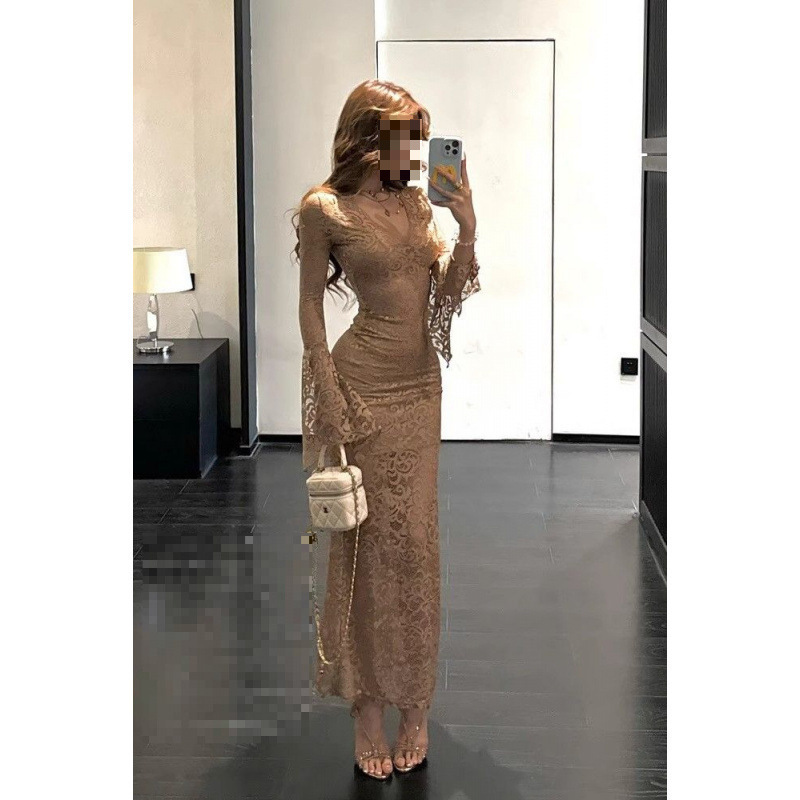French-Style Pure Desire Elegant Ladylike High-End Lace Bell-Sleeve Dress Slim-Fit Bodycon Long Dress New Model