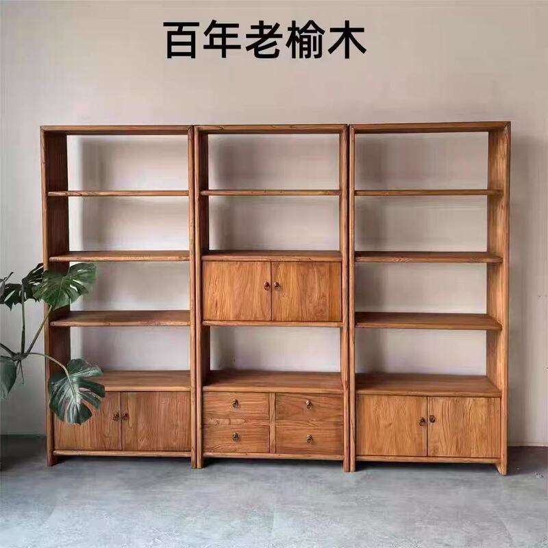 复古老榆木多层博古架实木办公室书籍收纳架落地书柜茶具展示柜|undefined