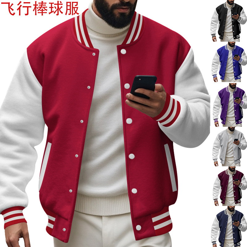 Cross-border men's autumn and winter flight jacket baseball jacket Amazon fleece-lined color-blocked loose casual stand collar coat men's