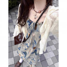 新中式吊带连衣裙水墨画扎染小众设计文艺国风长裙度假风拍照裙子