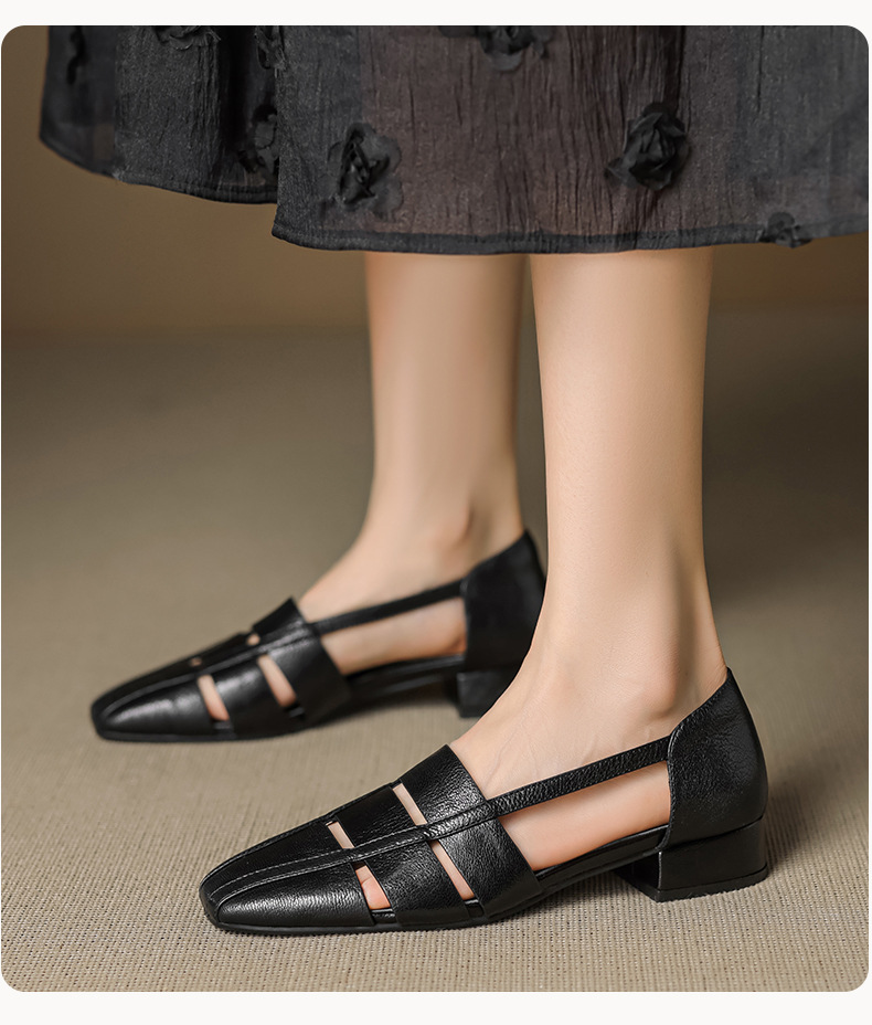 Dép sandal nữ bao đầu rỗng gót thấp 3 cm, mũi tròn kiểu dệt, phong cách đơn giản đi làm — đen chi tiết 12