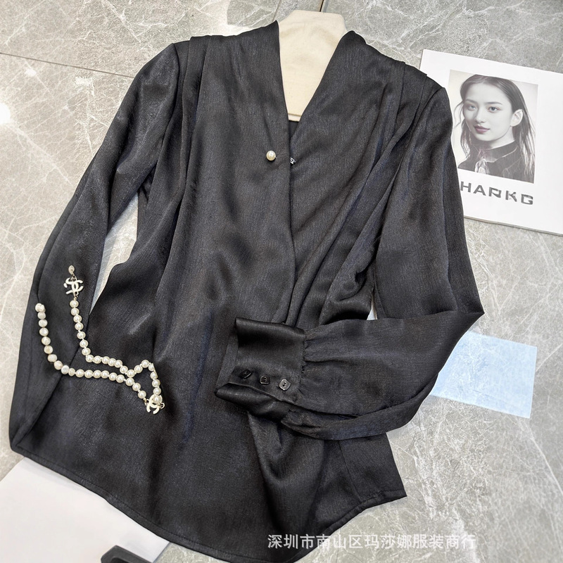 法式V领衬衫25早秋新款气质不规则长袖缎面百搭纯色女衬衫上衣三|undefined